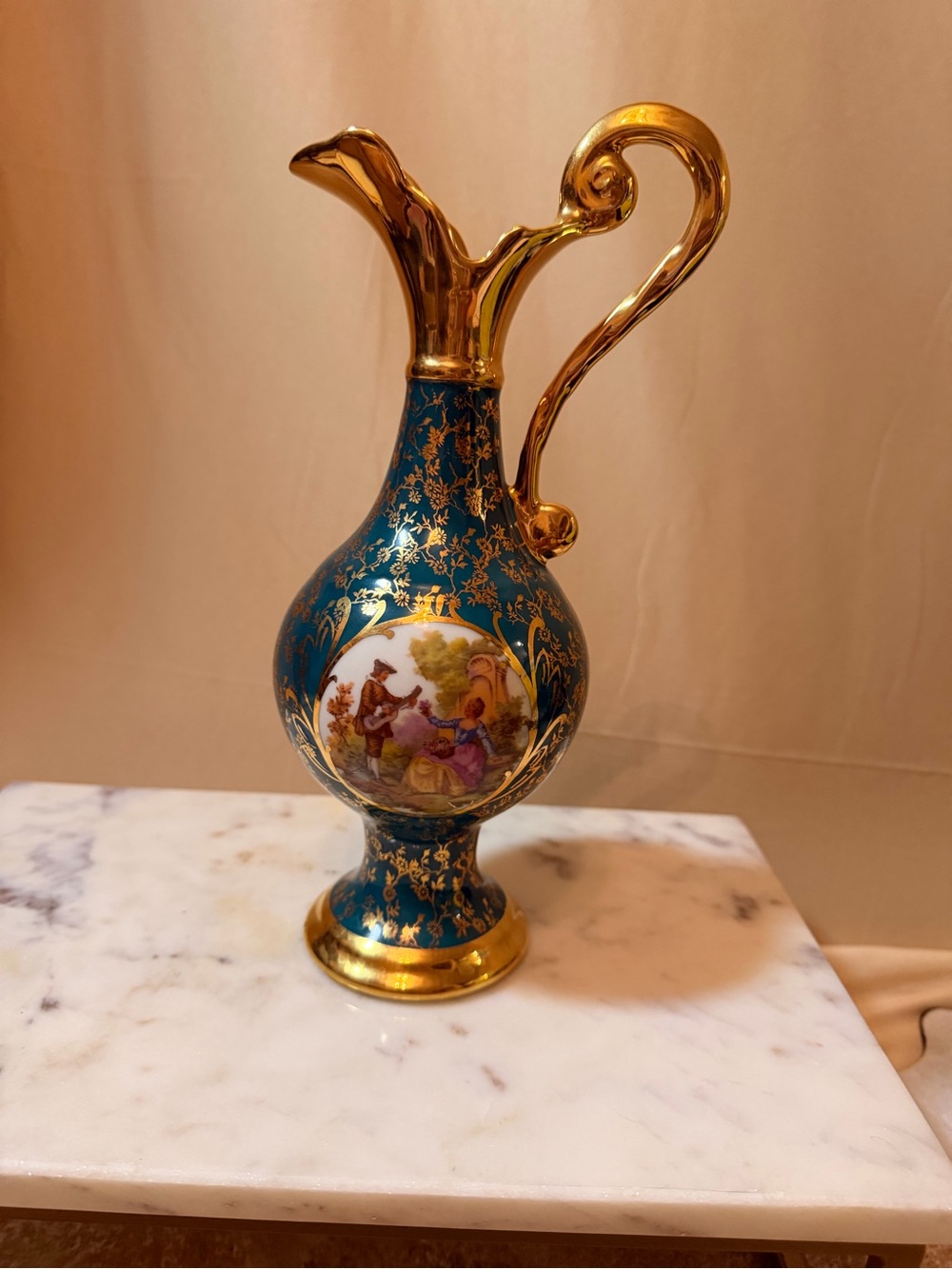 Decorative Teal and Gold Porcelain Ewer - Elegant Home Accent